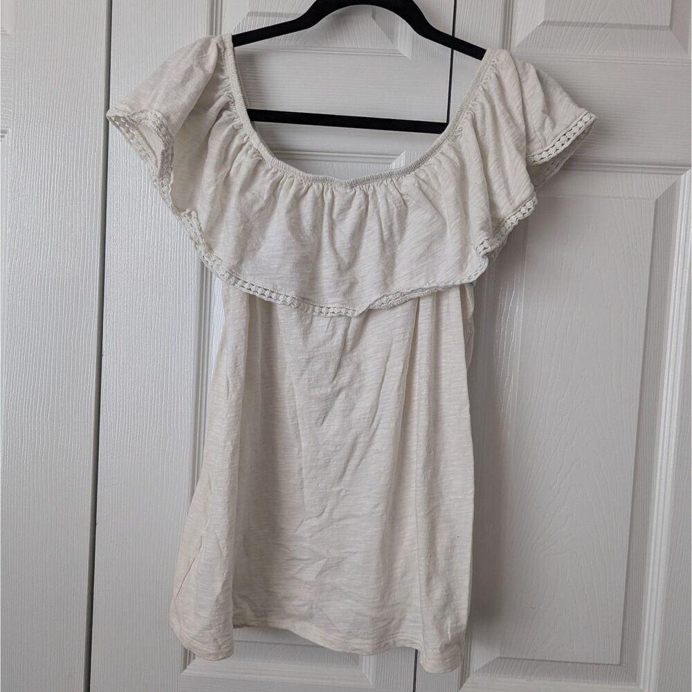 Old Navy Women’s Off-Shoulder Flowy Shirt Medium Ivory Beachy Coastal Top